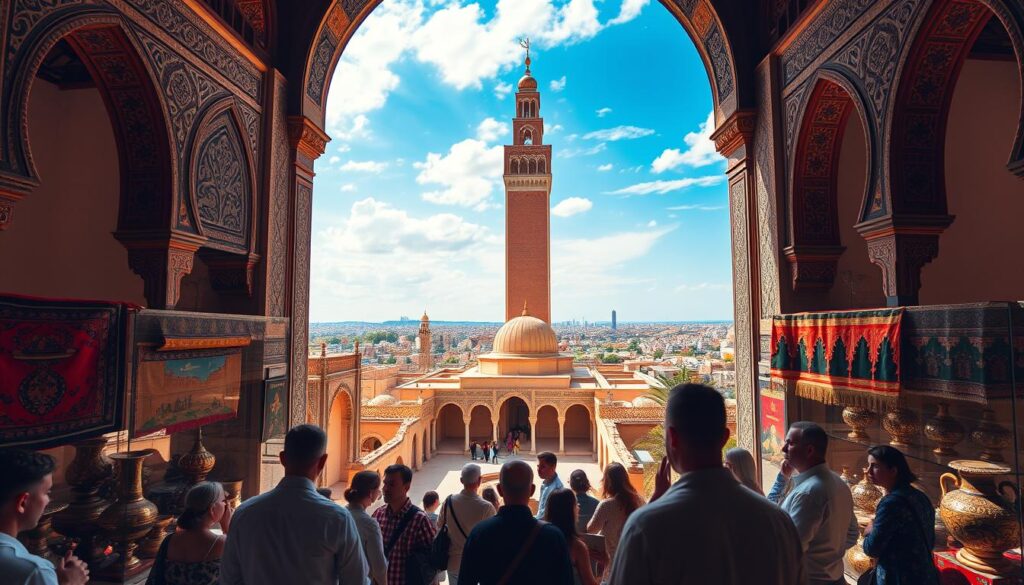 A vibrant Moroccan cultural scene unfolds within the grand halls of Rabat's renowned museums. Intricate Zellige tilework adorns the elegant archways, casting warm hues across the intricate tapestries and ornate metalwork on display. In the foreground, a group of visitors examines the exquisite craftsmanship of traditional pottery, their fascinated expressions captured by a wide-angle lens. In the middle ground, a large, domed chamber showcases the opulent Moorish architecture, its towering columns and detailed calligraphy evoking the rich history of the region. The background features a sweeping panorama of the city, with the iconic Hassan Tower minaret rising majestically against a vibrant, cloudless sky. The overall scene exudes a sense of cultural immersion, inviting the viewer to experience the captivating essence of Moroccan heritage. MyVisitMorocco. A vibrant Moroccan cultural scene unfolds within the grand halls of Rabat's renowned museums. Intricate Zellige tilework adorns the elegant archways, casting warm hues across the intricate tapestries and ornate metalwork on display. In the foreground, a group of visitors examines the exquisite craftsmanship of traditional pottery, their fascinated expressions captured by a wide-angle lens. In the middle ground, a large, domed chamber showcases the opulent Moorish architecture, its towering columns and detailed calligraphy evoking the rich history of the region. The background features a sweeping panorama of the city, with the iconic Hassan Tower minaret rising majestically against a vibrant, cloudless sky. The overall scene exudes a sense of cultural immersion, inviting the viewer to experience the captivating essence of Moroccan heritage. MyVisitMorocco.