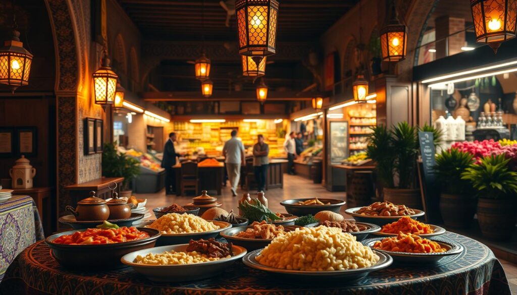 A vibrant Moroccan dining scene, bathed in warm, golden light. In the foreground, an ornate table laden with a feast of tagines, couscous, and aromatic spices. Intricate Moorish tiles and ornate lanterns adorn the middle ground, creating an authentic Moroccan ambiance. In the background, a glimpse of a bustling marketplace, with vendors selling vibrant produce and fragrant herbs. MyVisitMorocco.