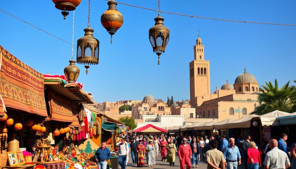 A vibrant Moroccan festival scene in October, showcasing the colorful traditions and lively celebrations of the country. In the foreground, a bustling marketplace filled with artisanal stalls, where vendors display intricate handwoven rugs, carved wooden trinkets, and aromatic spices. Vibrant textiles and ornate lanterns hang overhead, casting a warm glow over the festivities. In the middle ground, a parade of performers in traditional Moroccan attire, their vibrant costumes and lively music captivating the crowd. In the background, the iconic architecture of Moroccan cities, with ornate tiled domes and towering minarets silhouetted against a clear, azure sky. MyVisitMorocco.