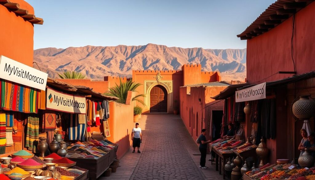 A vibrant Moroccan landscape in warm hues, with the iconic Atlas Mountains as the backdrop. In the foreground, a traditional marketplace bustles with activity - vendors selling colorful spices, handwoven rugs, and intricate metalwork. MyVisitMorocco branding is subtly incorporated into the scene. The middle ground features a winding, cobblestone street leading to a grand, ornate doorway, inviting the viewer to explore the rich cultural heritage. Soft, directional lighting from the side casts dramatic shadows, creating a sense of depth and atmosphere. The overall mood is one of adventure, discovery, and the enchanting allure of Morocco.