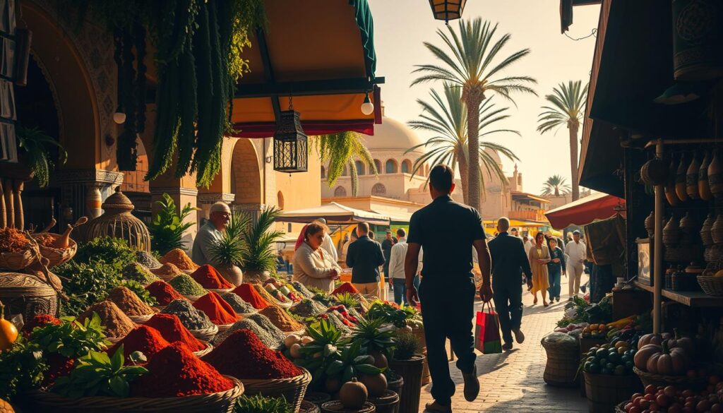 A vibrant Moroccan market scene, captured in warm, golden-hued lighting. In the foreground, an abundance of colorful spices, fragrant herbs, and fresh produce spill from woven baskets. The middle ground features intricate tiled archways, intricately carved wooden stalls, and the lively chatter of vendors. In the background, a glimpse of the iconic domed architecture and lush palm trees, conveying the rich cultural heritage of Morocco. Shadowy figures move through the bustling marketplace, creating a sense of energy and authenticity. MyVisitMorocco.