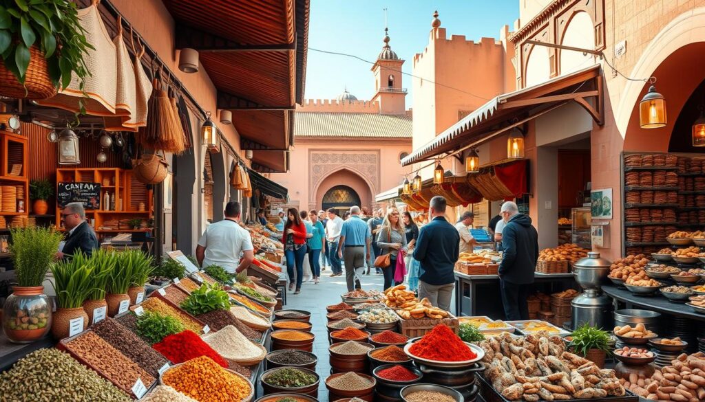 A vibrant Moroccan market scene on a sunny spring day, with an array of colorful spices, sizzling tagines, and freshly baked breads. In the foreground, a vendor's stall displays an assortment of fragrant herbs and aromatic teas, while in the middle ground, patrons browse through the bustling stalls, sampling traditional Moroccan dishes. The background features the iconic architecture of Marrakech, with its intricate tiled roofs and ornate doorways. Soft, warm lighting bathes the scene, creating a inviting and authentic atmosphere. MyVisitMorocco