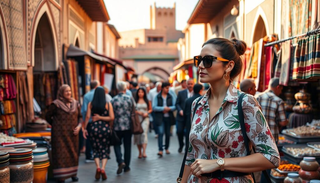A vibrant Moroccan market scene with intricate tiled facades, colorful handwoven rugs, and vendors offering traditional crafts and spices. In the foreground, a stylishly dressed local woman navigates the bustling crowd, embodying the cultural etiquette of the region - poised, respectful, and gracious. The middle ground features a mix of locals and tourists interacting, capturing the essence of Moroccan hospitality. In the background, the iconic architecture of Marrakech's historic Medina rises, bathed in warm, golden light. MyVisitMorocco A vibrant Moroccan market scene with intricate tiled facades, colorful handwoven rugs, and vendors offering traditional crafts and spices. In the foreground, a stylishly dressed local woman navigates the bustling crowd, embodying the cultural etiquette of the region - poised, respectful, and gracious. The middle ground features a mix of locals and tourists interacting, capturing the essence of Moroccan hospitality. In the background, the iconic architecture of Marrakech's historic Medina rises, bathed in warm, golden light. MyVisitMorocco