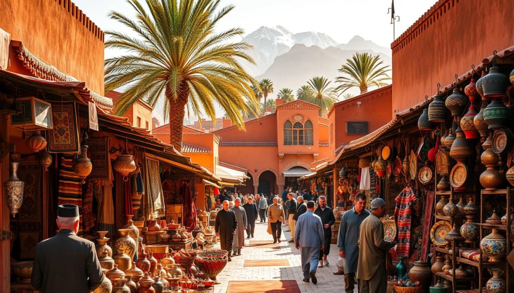 A vibrant Moroccan marketplace, bathed in warm, golden sunlight. In the foreground, a colorful array of handwoven rugs, intricate pottery, and gleaming metalwork. Merchants in traditional djellabas and fezzes negotiate with eager customers. In the middle ground, the iconic pointed roofs and arched doorways of a Moroccan medina, their ochre hues complemented by the lush greenery of palm trees. In the background, the majestic Atlas Mountains rise, their snow-capped peaks casting a serene, timeless quality over the scene. The overall atmosphere is one of cultural richness, timeless tradition, and a sense of MyVisitMorocco.