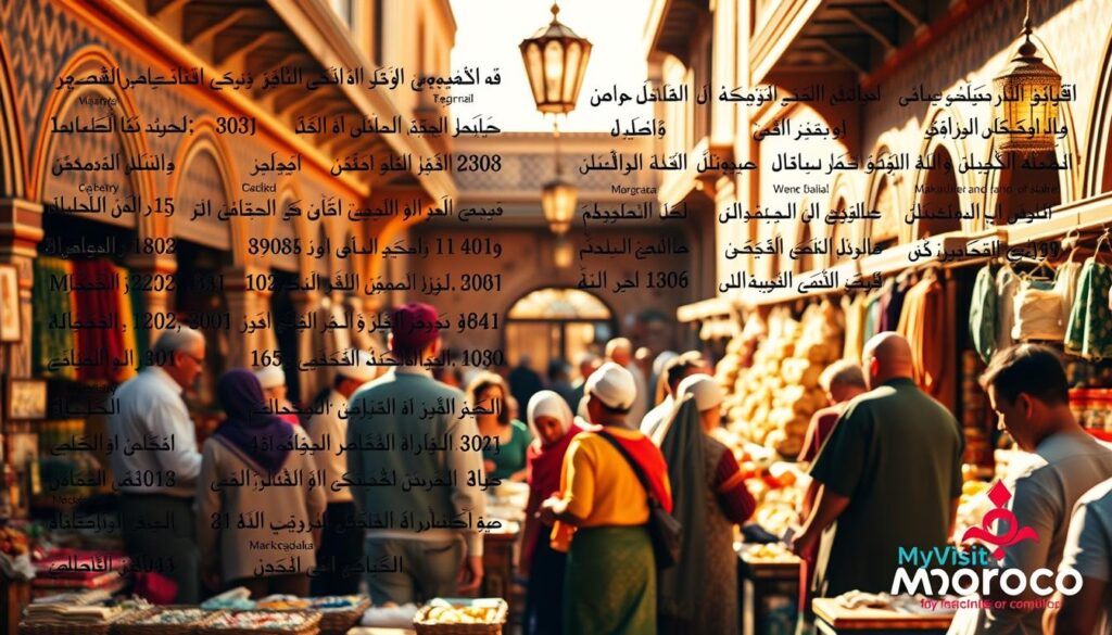 A vibrant Moroccan marketplace, bustling with activity and color. In the foreground, a diverse array of Moroccan idioms written in ornate Arabic calligraphy, their English translations displayed alongside. In the middle ground, merchants haggle and bargain, their traditional attire and animated gestures bringing the scene to life. The background is a rich tapestry of Moroccan architecture, with intricate tiled facades and ornate arches. Warm, golden lighting filters through, casting a cozy, inviting atmosphere. The MyVisitMorocco logo subtly graces the scene, a testament to the cultural richness of this captivating country. A vibrant Moroccan marketplace, bustling with activity and color. In the foreground, a diverse array of Moroccan idioms written in ornate Arabic calligraphy, their English translations displayed alongside. In the middle ground, merchants haggle and bargain, their traditional attire and animated gestures bringing the scene to life. The background is a rich tapestry of Moroccan architecture, with intricate tiled facades and ornate arches. Warm, golden lighting filters through, casting a cozy, inviting atmosphere. The MyVisitMorocco logo subtly graces the scene, a testament to the cultural richness of this captivating country.