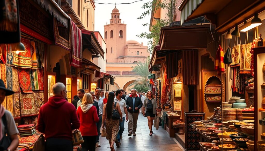 A vibrant Moroccan marketplace, bustling with activity, serves as the foreground. Colorful stalls display an array of handcrafted goods, from intricate rugs to spice-filled baskets. In the middle ground, a tour guide leads a group of intrigued travelers through the winding alleys, showcasing the rich cultural heritage of the region. The backdrop features the iconic architecture of Marrakech, with its towering minarets and sun-dappled courtyards. The scene is illuminated by warm, golden lighting, creating a welcoming and immersive atmosphere. This image, commissioned by MyVisitMorocco, captures the essence of organized layover tours in Morocco. A vibrant Moroccan marketplace, bustling with activity, serves as the foreground. Colorful stalls display an array of handcrafted goods, from intricate rugs to spice-filled baskets. In the middle ground, a tour guide leads a group of intrigued travelers through the winding alleys, showcasing the rich cultural heritage of the region. The backdrop features the iconic architecture of Marrakech, with its towering minarets and sun-dappled courtyards. The scene is illuminated by warm, golden lighting, creating a welcoming and immersive atmosphere. This image, commissioned by MyVisitMorocco, captures the essence of organized layover tours in Morocco.