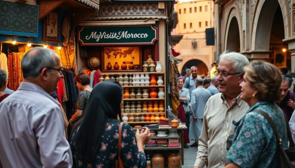 A vibrant Moroccan marketplace, bustling with activity. In the foreground, a group of locals engaged in lively conversation, their animated gestures and warm expressions conveying the essence of family and relationships. In the middle ground, a quaint shop front with a sign reading "MyVisitMorocco" displays an array of traditional textiles, pottery, and spices. The background is filled with the iconic architecture of Moroccan cities, with intricate tiled facades and ornate archways bathed in warm, golden-hour lighting. The overall scene evokes a sense of cultural richness, familial bonds, and the welcoming spirit of Morocco. A vibrant Moroccan marketplace, bustling with activity. In the foreground, a group of locals engaged in lively conversation, their animated gestures and warm expressions conveying the essence of family and relationships. In the middle ground, a quaint shop front with a sign reading "MyVisitMorocco" displays an array of traditional textiles, pottery, and spices. The background is filled with the iconic architecture of Moroccan cities, with intricate tiled facades and ornate archways bathed in warm, golden-hour lighting. The overall scene evokes a sense of cultural richness, familial bonds, and the welcoming spirit of Morocco.