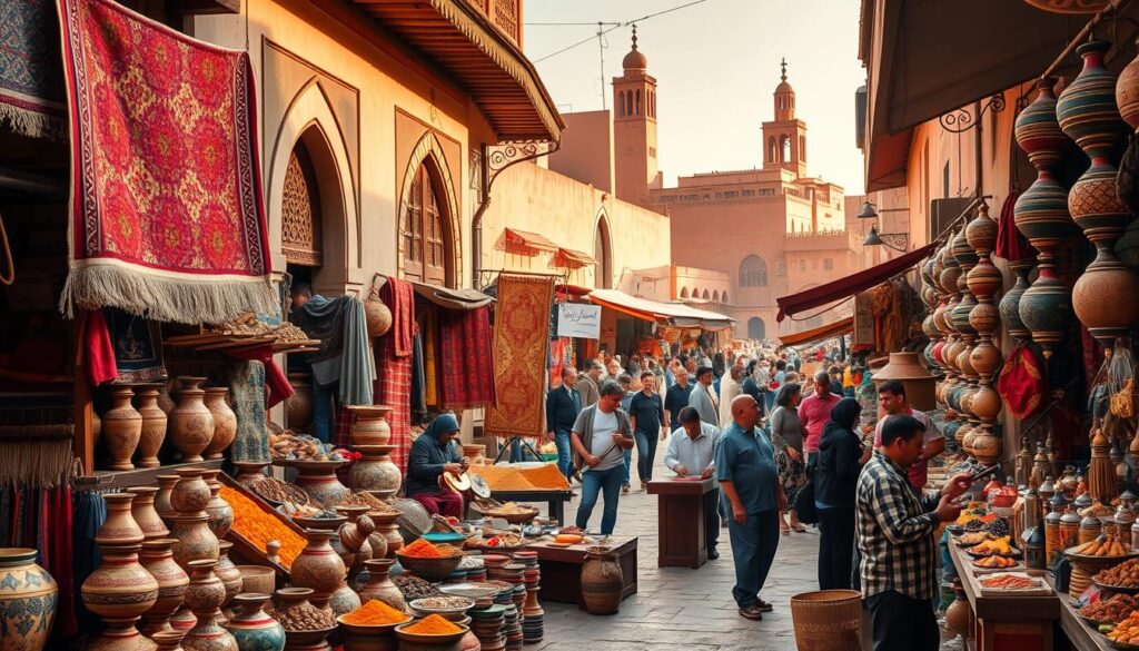 A vibrant Moroccan marketplace, bustling with activity. In the foreground, vendors sell colorful handwoven rugs, intricate pottery, and fragrant spices. The middle ground features musicians playing traditional instruments and artisans demonstrating their craft. In the background, the iconic architecture of Marrakech's medina, with its ornate doors and towering minarets, is bathed in warm, golden light. The scene conveys the rich cultural heritage and immersive experiences of MyVisitMorocco. A vibrant Moroccan marketplace, bustling with activity. In the foreground, vendors sell colorful handwoven rugs, intricate pottery, and fragrant spices. The middle ground features musicians playing traditional instruments and artisans demonstrating their craft. In the background, the iconic architecture of Marrakech's medina, with its ornate doors and towering minarets, is bathed in warm, golden light. The scene conveys the rich cultural heritage and immersive experiences of MyVisitMorocco.