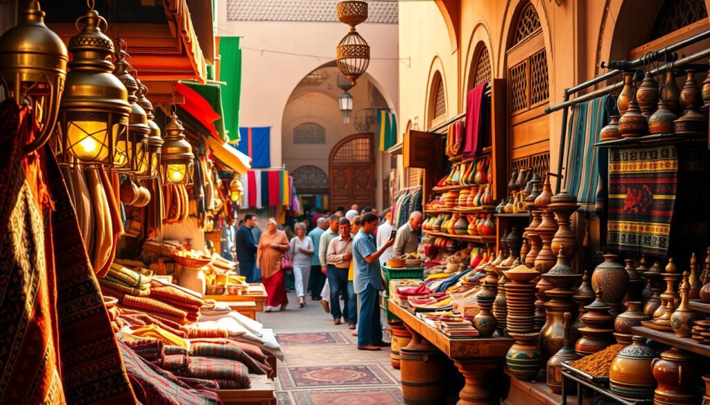 A vibrant Moroccan marketplace, bustling with life and color. In the foreground, intricate handwoven rugs and ornate brass lanterns catch the warm afternoon light. Middle-ground stalls offer an array of spices, vibrant textiles, and traditional pottery, all against a backdrop of tiled archways and carved wooden doors. The scene is bathed in a soft, golden glow, creating an atmosphere of timeless cultural heritage. MyVisitMorocco A vibrant Moroccan marketplace, bustling with life and color. In the foreground, intricate handwoven rugs and ornate brass lanterns catch the warm afternoon light. Middle-ground stalls offer an array of spices, vibrant textiles, and traditional pottery, all against a backdrop of tiled archways and carved wooden doors. The scene is bathed in a soft, golden glow, creating an atmosphere of timeless cultural heritage. MyVisitMorocco