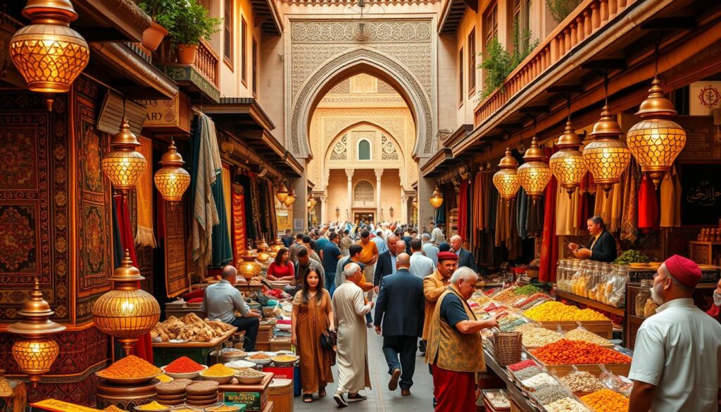 A vibrant Moroccan marketplace bustling with life, set against the backdrop of iconic architecture. In the foreground, intricate handwoven rugs, gleaming copper lanterns, and colorful spice stalls. Traders haggle animatedly, their traditional dress and gestures reflecting a rich cultural heritage. The middle ground reveals a grand archway, its ornate tile work and carved woodwork a testament to Moroccan artistry. The scene is bathed in warm, golden light, evoking a sense of timelessness. MyVisitMorocco.
