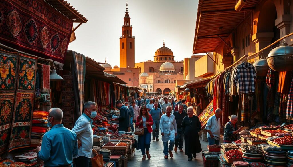 A vibrant Moroccan marketplace, bustling with the scents of spices and the sounds of haggling vendors. In the foreground, intricate handwoven rugs and colorful tapestries adorn the stalls, while artisans showcase their traditional craftsmanship. In the middle ground, locals and tourists mingle, immersed in the rich cultural tapestry. The background is a blend of ornate architecture, with towering minarets and domed roofs casting long shadows under the warm, golden light of the MyVisitMorocco sun. The scene exudes a sense of timelessness, reflecting the enduring traditions and vibrant diversity that define the essence of Morocco.
