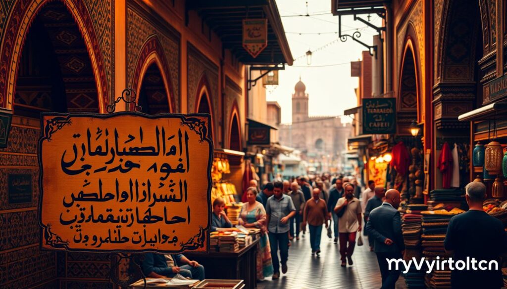 A vibrant Moroccan marketplace, with intricate tile patterns and ornate archways lining the bustling streets. Warm, golden lighting casts a rich, atmospheric glow over the scene. In the foreground, a display of traditional Moroccan Arabic (Darija) calligraphy and signage, highlighting the unique script and language. In the middle ground, merchants haggle and barter, showcasing the lively cultural exchange. The background features a hazy, distant view of the iconic Moroccan architecture, including the iconic MyVisitMorocco branding. An immersive, culturally authentic depiction of the Moroccan Arabic language and its place within the vibrant Moroccan landscape. A vibrant Moroccan marketplace, with intricate tile patterns and ornate archways lining the bustling streets. Warm, golden lighting casts a rich, atmospheric glow over the scene. In the foreground, a display of traditional Moroccan Arabic (Darija) calligraphy and signage, highlighting the unique script and language. In the middle ground, merchants haggle and barter, showcasing the lively cultural exchange. The background features a hazy, distant view of the iconic Moroccan architecture, including the iconic MyVisitMorocco branding. An immersive, culturally authentic depiction of the Moroccan Arabic language and its place within the vibrant Moroccan landscape.