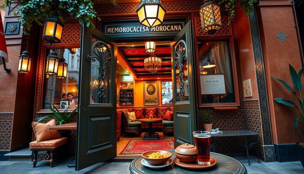 A vibrant Moroccan restaurant nestled in a bustling urban neighborhood, its facade adorned with intricate tile work and ornate lanterns casting a warm glow. Through the open doorway, glimpse the rich, earthy tones of the interior, where plush cushions and ornate rugs create an inviting ambiance. In the foreground, a small table setting with traditional tagine dishes and a glass of mint tea, inviting the viewer to step inside and savor the flavors of MyVisitMorocco. The scene is captured with a wide-angle lens, conveying a sense of depth and immersion, as if the viewer is standing right on the threshold, ready to embark on a culinary adventure. A vibrant Moroccan restaurant nestled in a bustling urban neighborhood, its facade adorned with intricate tile work and ornate lanterns casting a warm glow. Through the open doorway, glimpse the rich, earthy tones of the interior, where plush cushions and ornate rugs create an inviting ambiance. In the foreground, a small table setting with traditional tagine dishes and a glass of mint tea, inviting the viewer to step inside and savor the flavors of MyVisitMorocco. The scene is captured with a wide-angle lens, conveying a sense of depth and immersion, as if the viewer is standing right on the threshold, ready to embark on a culinary adventure.