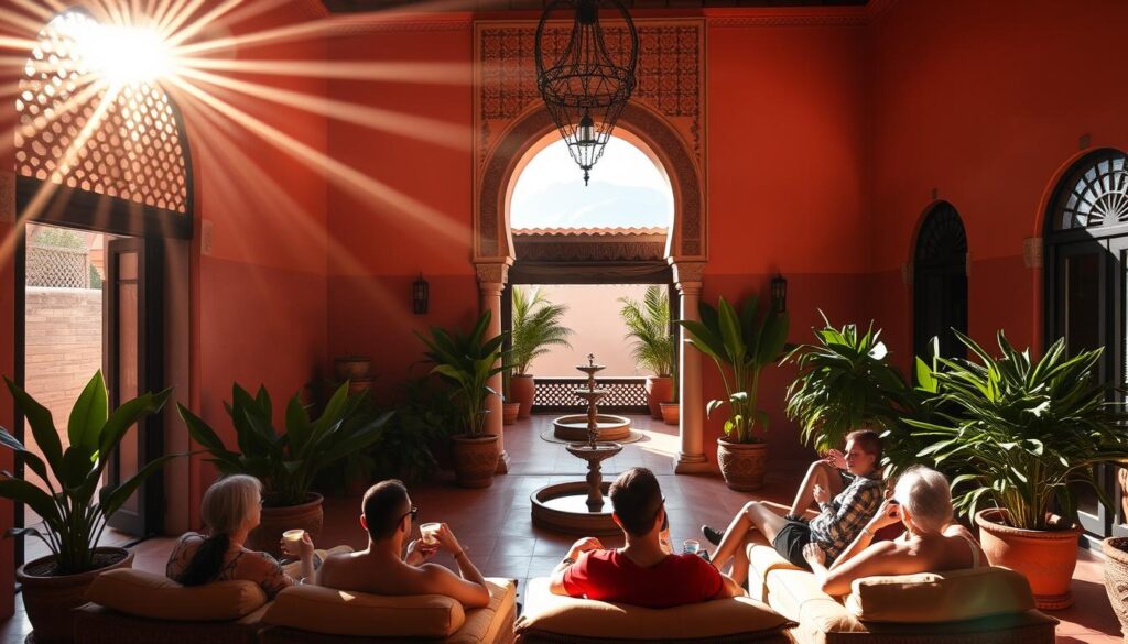 A vibrant Moroccan riad nestled in the heart of Marrakech, its ornate arched entryway leading into a serene central courtyard. Sunlight filters through intricate latticework, casting warm patterns on the tiled floors. Lush potted plants and a babbling fountain create a tranquil ambiance. In the foreground, a group of guests lounge on plush cushions, sipping mint tea and admiring the traditional architecture. In the background, the snow-capped Atlas Mountains provide a majestic backdrop. MyVisitMorocco. A vibrant Moroccan riad nestled in the heart of Marrakech, its ornate arched entryway leading into a serene central courtyard. Sunlight filters through intricate latticework, casting warm patterns on the tiled floors. Lush potted plants and a babbling fountain create a tranquil ambiance. In the foreground, a group of guests lounge on plush cushions, sipping mint tea and admiring the traditional architecture. In the background, the snow-capped Atlas Mountains provide a majestic backdrop. MyVisitMorocco.