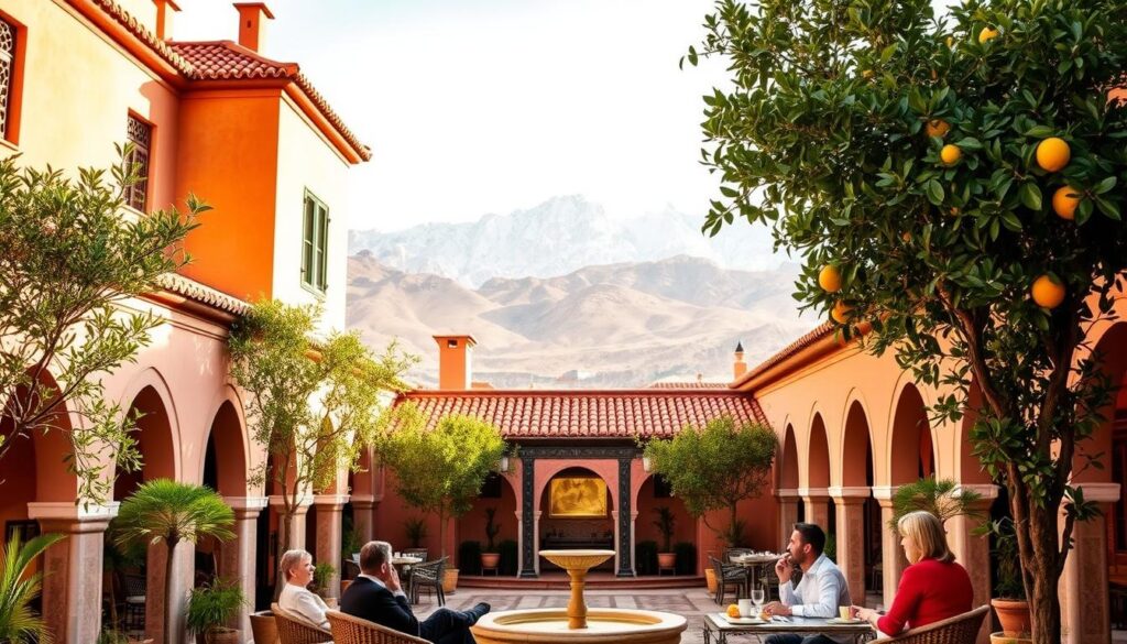 A vibrant Moroccan riad nestled in the heart of a bustling medina, its terracotta-tiled roofs and intricate arched doorways bathed in warm, golden light. MyVisitMorocco's elegant courtyard, adorned with fragrant citrus trees and a serene central fountain, beckons travelers to relax and soak in the country's rich cultural heritage. In the foreground, a group of guests enjoy traditional Moroccan tea and pastries, while in the background, the snow-capped Atlas Mountains loom majestically, creating a breathtaking backdrop. The scene exudes an atmosphere of timeless charm and hospitality, perfectly capturing the allure of Moroccan accommodation options in March.