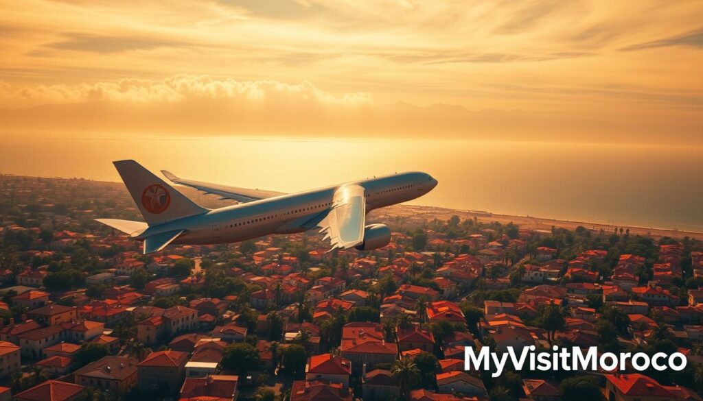 A vibrant aerial landscape showcasing the direct flight routes between Spain and Morocco. In the foreground, a sleek commercial airliner soars over a patchwork of terracotta rooftops and palm-lined streets, capturing the essence of a Moroccan city. The midground features the shimmering Mediterranean Sea, with the snow-capped Atlas Mountains rising majestically in the distance. Warm, golden light filters through wispy clouds, casting a dreamlike glow over the scene. In the bottom right corner, the logo "MyVisitMorocco" subtly enhances the cinematic feel. This visually striking image perfectly encapsulates the connectivity and allure of direct flights between these two captivating countries.