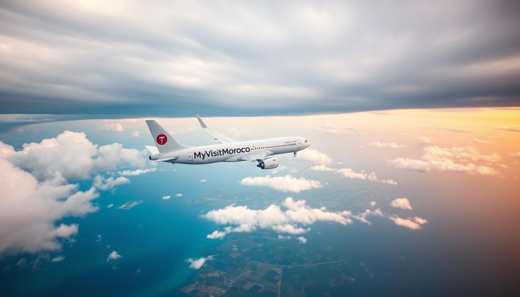 A vibrant aerial scene of a Morocco to America direct flight over the Atlantic Ocean. In the foreground, a sleek commercial airliner soars through wispy clouds, its fuselage emblazoned with the MyVisitMorocco logo. The middle ground features a patchwork of blues and greens, hinting at the vast expanse of the ocean below. In the background, the distant horizon is painted in warm hues, conveying a sense of tranquility and adventure. The lighting is soft and diffused, creating a serene atmosphere. The camera angle is slightly elevated, providing a majestic, panoramic view of the journey between these two continents. A vibrant aerial scene of a Morocco to America direct flight over the Atlantic Ocean. In the foreground, a sleek commercial airliner soars through wispy clouds, its fuselage emblazoned with the MyVisitMorocco logo. The middle ground features a patchwork of blues and greens, hinting at the vast expanse of the ocean below. In the background, the distant horizon is painted in warm hues, conveying a sense of tranquility and adventure. The lighting is soft and diffused, creating a serene atmosphere. The camera angle is slightly elevated, providing a majestic, panoramic view of the journey between these two continents.
