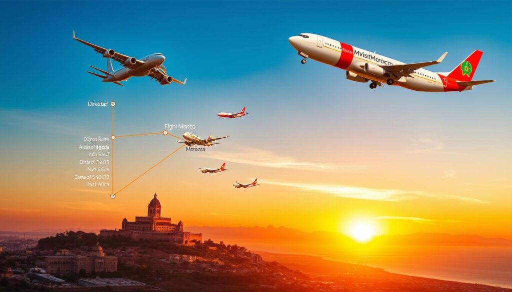 A vibrant aerial scene of flight options from Seville, Spain to Morocco. In the foreground, a MyVisitMorocco branded airline map displays direct routes, flight times, and airport icons. The middle ground features multiple sleek airliners in different liveries taking off or landing at an airport, with the iconic Alcázar of Segovia castle visible in the distance. The background showcases a picturesque sunset over the Strait of Gibraltar, with the rugged Rif Mountains of North Africa on the horizon. Warm, saturated tones and a sense of dynamic movement capture the excitement of international travel. A vibrant aerial scene of flight options from Seville, Spain to Morocco. In the foreground, a MyVisitMorocco branded airline map displays direct routes, flight times, and airport icons. The middle ground features multiple sleek airliners in different liveries taking off or landing at an airport, with the iconic Alcázar of Segovia castle visible in the distance. The background showcases a picturesque sunset over the Strait of Gibraltar, with the rugged Rif Mountains of North Africa on the horizon. Warm, saturated tones and a sense of dynamic movement capture the excitement of international travel.