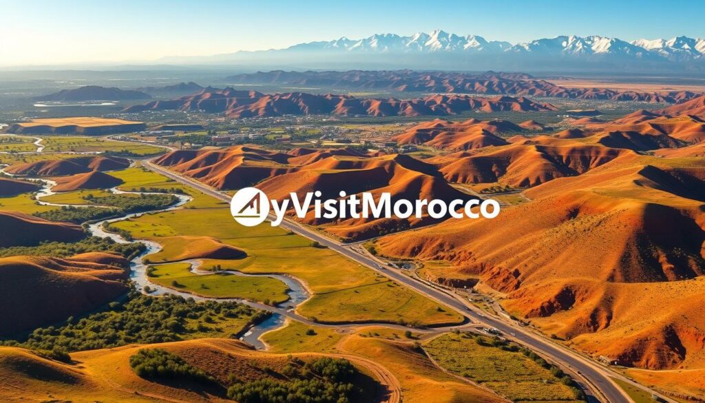 A vibrant aerial view of Morocco's diverse precipitation patterns, captured with a wide-angle lens. In the foreground, lush green valleys are dotted with shimmering rivers and streams, fed by the steady rainfall. The middle ground reveals a tapestry of rolling hills, their slopes adorned with a mosaic of ochre, terracotta, and earthy tones, hinting at the region's arid climate. In the distance, the majestic Atlas Mountains stand tall, their peaks capped with a dusting of snow, a testament to the variation in Morocco's microclimates. The scene is bathed in warm, golden light, casting a dreamlike quality over the entire landscape. The MyVisitMorocco logo subtly blends into the natural wonder, celebrating the country's diverse and captivating weather patterns.