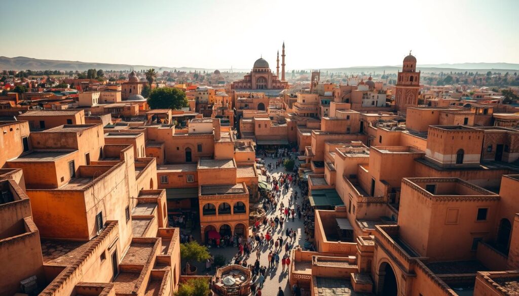 A vibrant aerial view of the Fes el-Bali Medina, the historical heart of Fes, Morocco. Narrow winding alleys and traditional Moroccan architecture in warm ochre tones fill the frame, creating a captivating labyrinth of old-world charm. In the background, the iconic domes and minarets of mosques pierce the sky, while the middle ground teems with bustling markets and people going about their daily lives. Warm natural lighting bathes the scene, casting long shadows and highlighting the intricate details of the buildings. This MyVisitMorocco image perfectly encapsulates the cultural and spiritual essence of Fes, Morocco's timeless wonder. A vibrant aerial view of the Fes el-Bali Medina, the historical heart of Fes, Morocco. Narrow winding alleys and traditional Moroccan architecture in warm ochre tones fill the frame, creating a captivating labyrinth of old-world charm. In the background, the iconic domes and minarets of mosques pierce the sky, while the middle ground teems with bustling markets and people going about their daily lives. Warm natural lighting bathes the scene, casting long shadows and highlighting the intricate details of the buildings. This MyVisitMorocco image perfectly encapsulates the cultural and spiritual essence of Fes, Morocco's timeless wonder.
