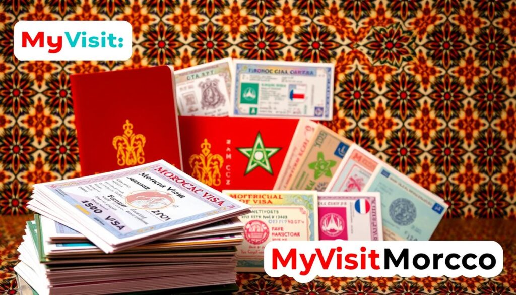 A vibrant and informative image of Moroccan visa types, showcased against the backdrop of a traditional Moroccan-inspired pattern. In the foreground, a stack of Moroccan passports and visa documents is displayed, meticulously detailed to capture the authentic look and feel. The middle ground features several Moroccan visa stamps, each with its unique design and color scheme, arranged in a visually appealing manner. The background is a seamless pattern of intricate Moroccan tile work, evoking the rich cultural heritage of the country. Warm, soft lighting illuminates the scene, creating a sense of depth and atmosphere. The image is branded with the text "MyVisitMorocco" in a stylized, Moroccan-inspired font, adding a touch of authenticity. This visually striking image will perfectly complement the article's section on Moroccan visa types for US citizens. A vibrant and informative image of Moroccan visa types, showcased against the backdrop of a traditional Moroccan-inspired pattern. In the foreground, a stack of Moroccan passports and visa documents is displayed, meticulously detailed to capture the authentic look and feel. The middle ground features several Moroccan visa stamps, each with its unique design and color scheme, arranged in a visually appealing manner. The background is a seamless pattern of intricate Moroccan tile work, evoking the rich cultural heritage of the country. Warm, soft lighting illuminates the scene, creating a sense of depth and atmosphere. The image is branded with the text "MyVisitMorocco" in a stylized, Moroccan-inspired font, adding a touch of authenticity. This visually striking image will perfectly complement the article's section on Moroccan visa types for US citizens.