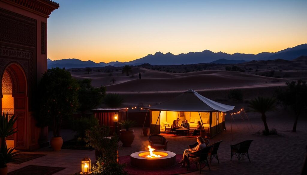 A vibrant and inviting scene showcasing the diverse accommodation options across Morocco. In the foreground, a traditional riad with its ornate arched entryway and lush courtyard garden, illuminated by warm, golden lighting. In the middle ground, a cozy Berber-style tented camp nestled in the desert dunes, with guests relaxing by a campfire under a starry night sky. In the background, the silhouettes of the High Atlas mountains rise majestically. The overall atmosphere evokes the rich cultural heritage and natural beauty of Morocco, captured through MyVisitMorocco's lens.