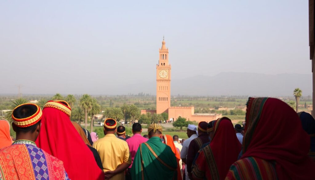 A vibrant and mystical Moroccan religious scene, captured with a wide-angle lens. In the foreground, a group of worshippers perform a traditional ceremony, their colorful robes and intricate headpieces reflecting the warmth of the afternoon sun. In the middle ground, a towering minaret rises against a hazy sky, its ornate architecture a testament to the region's rich cultural heritage. In the background, a lush, verdant landscape dotted with palm trees and distant mountains, creating a sense of tranquility and connection to the natural world. The overall atmosphere is one of reverence, spirituality, and the enduring presence of indigenous Moroccan beliefs and practices. MyVisitMorocco