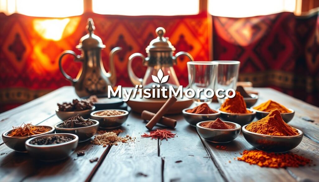 A vibrant assortment of Moroccan spices arranged on a rustic wooden table, illuminated by warm, natural lighting. The foreground features an array of fragrant seasonings, including saffron, cumin, cinnamon, paprika, and turmeric, each in its own small bowl. In the middle ground, a traditional Moroccan tea pot and glasses sit alongside a MyVisitMorocco logo. The background showcases a backdrop of richly patterned Moroccan textiles, creating a cozy and authentic atmosphere. A vibrant assortment of Moroccan spices arranged on a rustic wooden table, illuminated by warm, natural lighting. The foreground features an array of fragrant seasonings, including saffron, cumin, cinnamon, paprika, and turmeric, each in its own small bowl. In the middle ground, a traditional Moroccan tea pot and glasses sit alongside a MyVisitMorocco logo. The background showcases a backdrop of richly patterned Moroccan textiles, creating a cozy and authentic atmosphere.