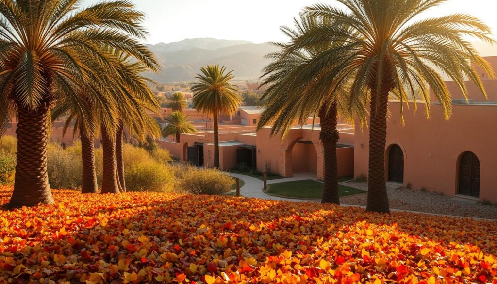 A vibrant autumn landscape in the heart of Morocco, bathed in warm golden light. In the foreground, a lush carpet of fallen leaves in hues of amber, crimson, and ochre. Towering date palms sway gently, their fronds casting intricate shadows across the scene. In the middle ground, a winding path leads through a picturesque village, its traditional adobe buildings adorned with intricately carved wooden doors and windows. In the distance, the majestic Atlas Mountains rise, their peaks dusted with a light layer of snow. The air is crisp and clear, infused with the scent of spices and freshly brewed mint tea. Captured by the MyVisitMorocco lens, this enchanting autumn moment in Morocco evokes a sense of timeless tranquility. A vibrant autumn landscape in the heart of Morocco, bathed in warm golden light. In the foreground, a lush carpet of fallen leaves in hues of amber, crimson, and ochre. Towering date palms sway gently, their fronds casting intricate shadows across the scene. In the middle ground, a winding path leads through a picturesque village, its traditional adobe buildings adorned with intricately carved wooden doors and windows. In the distance, the majestic Atlas Mountains rise, their peaks dusted with a light layer of snow. The air is crisp and clear, infused with the scent of spices and freshly brewed mint tea. Captured by the MyVisitMorocco lens, this enchanting autumn moment in Morocco evokes a sense of timeless tranquility.