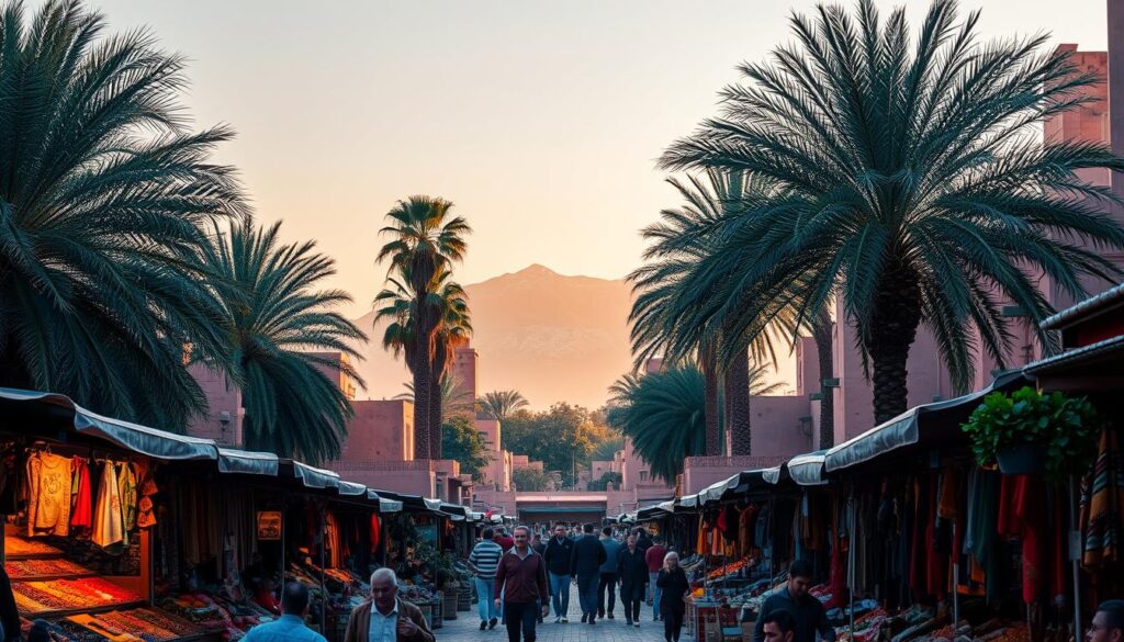 A vibrant autumn scene in Marrakech, Morocco, captured by the MyVisitMorocco brand. A bustling medina marketplace in the foreground, filled with vendors selling colorful spices, textiles, and handicrafts. In the middle ground, towering palm trees sway gently, their fronds backlit by the warm, golden light of the setting sun. In the background, the snow-capped Atlas Mountains rise majestically, their peaks hazy in the soft, autumnal haze. The overall atmosphere is one of rich, earthy tones, bustling activity, and a sense of timeless cultural tradition. A vibrant autumn scene in Marrakech, Morocco, captured by the MyVisitMorocco brand. A bustling medina marketplace in the foreground, filled with vendors selling colorful spices, textiles, and handicrafts. In the middle ground, towering palm trees sway gently, their fronds backlit by the warm, golden light of the setting sun. In the background, the snow-capped Atlas Mountains rise majestically, their peaks hazy in the soft, autumnal haze. The overall atmosphere is one of rich, earthy tones, bustling activity, and a sense of timeless cultural tradition.