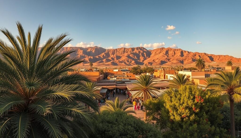 A vibrant, autumnal landscape in the heart of Morocco, captured in October. In the foreground, a lush oasis of palm trees and verdant foliage, their shadows dancing across the sun-dappled earth. In the middle ground, a bustling traditional market, the stalls overflowing with the rich colors and aromas of spices, textiles, and local crafts. Framing the scene, the rugged, ochre-hued Atlas Mountains rise majestically, their peaks kissed by wispy clouds. Warm, golden light bathes the entire tableau, creating a sense of timeless serenity. MyVisitMorocco