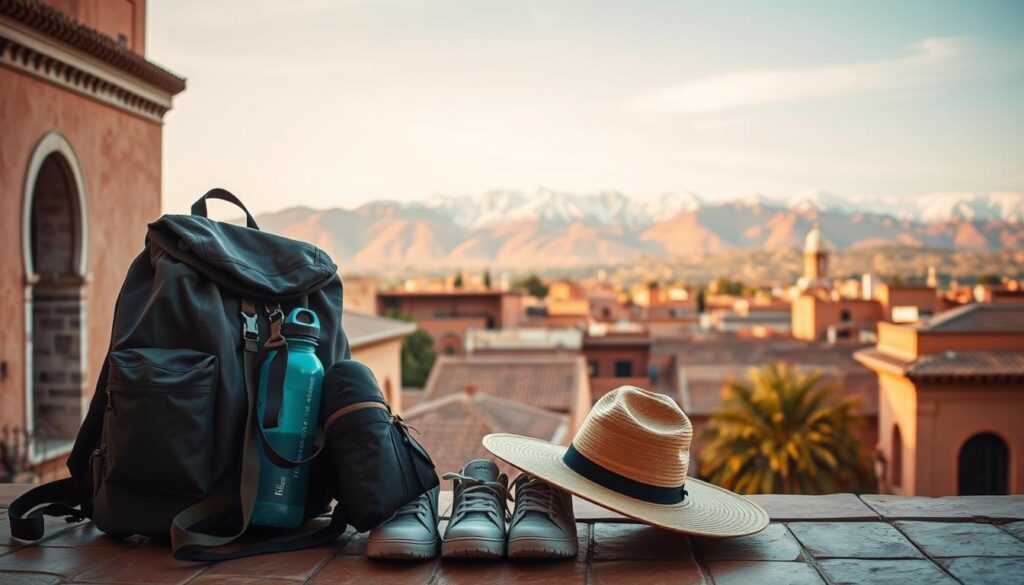 A vibrant autumnal scene in the heart of Morocco, October. In the foreground, a neatly arranged collection of essential travel items - a sturdy backpack, a lightweight jacket, comfortable walking shoes, a wide-brimmed hat, and a water bottle. The middle ground showcases the iconic architecture of a Moroccan medina, with its intricate tiled roofs and ornate doorways. In the background, a panoramic view of the Atlas Mountains, their snow-capped peaks casting a majestic silhouette against the warm, golden-hued sky. Soft, diffused lighting casts a cozy, inviting atmosphere. Captured through the lens of MyVisitMorocco, this image perfectly encapsulates the packing essentials for an October adventure in this enchanting North African destination.