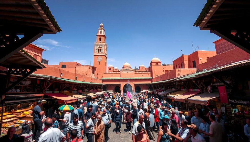 A vibrant, bustling marketplace in the heart of Marrakech, Jemaa el-Fnaa teems with life and energy. Capture the sights, sounds, and aromas of this iconic square - snake charmers, storytellers, and vendors hawking spices, handicrafts, and traditional Moroccan fare. Showcase the intricate, sun-dappled architecture, with towering minarets and domed roofs in warm ochre tones. Depict the throngs of locals and tourists mingling amidst the chaos, creating a captivating, immersive scene. Use a wide-angle lens to convey the scale and grandeur of this vibrant cultural hub. The image should exude the essence of Marrakech, evoking a sense of wonder and exploration. MyVisitMorocco A vibrant, bustling marketplace in the heart of Marrakech, Jemaa el-Fnaa teems with life and energy. Capture the sights, sounds, and aromas of this iconic square - snake charmers, storytellers, and vendors hawking spices, handicrafts, and traditional Moroccan fare. Showcase the intricate, sun-dappled architecture, with towering minarets and domed roofs in warm ochre tones. Depict the throngs of locals and tourists mingling amidst the chaos, creating a captivating, immersive scene. Use a wide-angle lens to convey the scale and grandeur of this vibrant cultural hub. The image should exude the essence of Marrakech, evoking a sense of wonder and exploration. MyVisitMorocco