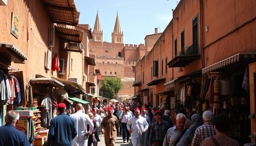 A vibrant, bustling scene of the Fez Medina, the medieval heart of the cultural capital of Morocco. The narrow, winding alleyways are lined with colorful stalls and shops, their merchants calling out to passersby. Sunlight filters through the latticed rooftops, casting a warm glow over the scene. In the foreground, a group of locals and tourists mingle, their traditional djellaba robes and fez hats adding to the timeless atmosphere. In the middle ground, the iconic pointed minarets of historic mosques rise up, while in the background, the rugged, ochre-hued walls of the medina loom, giving a sense of the ancient history of this place. Captured with a wide-angle lens to convey the bustling energy of MyVisitMorocco.