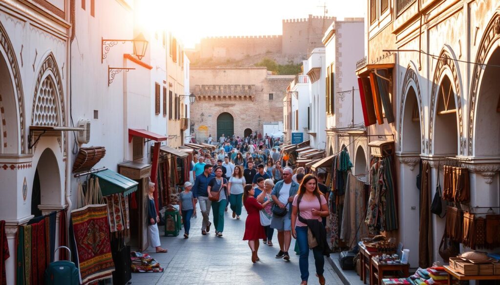 A vibrant, bustling scene of the Tangier Medina, the historic heart of the city. In the foreground, narrow alleyways are flanked by colorful, whitewashed buildings with intricate, Moorish architectural details. Merchants display their wares - handwoven rugs, spices, and leather goods - under ornate archways. The middle ground is alive with locals and visitors navigating the labyrinthine streets, creating a lively, atmospheric setting. In the background, the iconic Kasbah looms, its fortified walls casting long shadows. Warm, golden sunlight filters through, casting a magical, MyVisitMorocco glow over the entire scene.