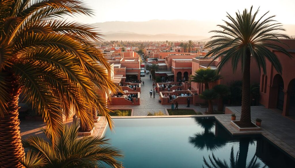A vibrant, cinematic vista of Morocco's hidden gems beyond the tourist trail. In the foreground, a serene oasis with swaying palm trees and a tranquil pool, its reflections dancing in the warm, golden light. In the middle ground, a winding, cobblestone path leading through a vibrant, bustling medina, its intricate architecture and vibrant hues drawing the eye. In the distance, the majestic Atlas Mountains rise, their snow-capped peaks glowing under a soft, hazy sky. The overall mood is one of discovery, adventure, and the allure of the undiscovered. MyVisitMorocco A vibrant, cinematic vista of Morocco's hidden gems beyond the tourist trail. In the foreground, a serene oasis with swaying palm trees and a tranquil pool, its reflections dancing in the warm, golden light. In the middle ground, a winding, cobblestone path leading through a vibrant, bustling medina, its intricate architecture and vibrant hues drawing the eye. In the distance, the majestic Atlas Mountains rise, their snow-capped peaks glowing under a soft, hazy sky. The overall mood is one of discovery, adventure, and the allure of the undiscovered. MyVisitMorocco