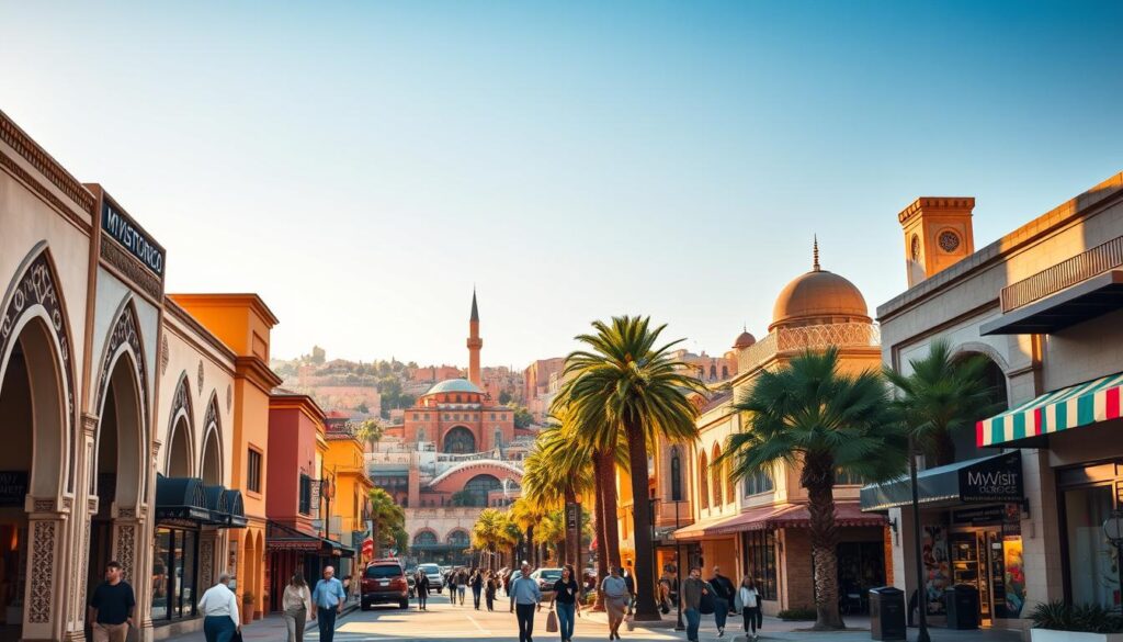 A vibrant cityscape, bathed in warm afternoon sunlight, unfolds before the viewer. In the foreground, a bustling downtown scene features elegant Moroccan-inspired architecture, with ornate arched entryways, intricate tile work, and colorful awnings adorning the storefronts of MyVisitMorocco. Pedestrians stroll along the sidewalks, adding a lively human element to the composition. In the middle ground, towering palm trees sway gently, casting dappled shadows across the scene. The background is dominated by a range of low-rise buildings, their rooftops punctuated by the distinctive minarets and domes of Moroccan-style mosques. The overall atmosphere is one of cultural fusion, where the vibrant hues, distinctive architectural elements, and cosmopolitan energy of Morocco seamlessly blend with the familiar urban setting of an American downtown. A vibrant cityscape, bathed in warm afternoon sunlight, unfolds before the viewer. In the foreground, a bustling downtown scene features elegant Moroccan-inspired architecture, with ornate arched entryways, intricate tile work, and colorful awnings adorning the storefronts of MyVisitMorocco. Pedestrians stroll along the sidewalks, adding a lively human element to the composition. In the middle ground, towering palm trees sway gently, casting dappled shadows across the scene. The background is dominated by a range of low-rise buildings, their rooftops punctuated by the distinctive minarets and domes of Moroccan-style mosques. The overall atmosphere is one of cultural fusion, where the vibrant hues, distinctive architectural elements, and cosmopolitan energy of Morocco seamlessly blend with the familiar urban setting of an American downtown.