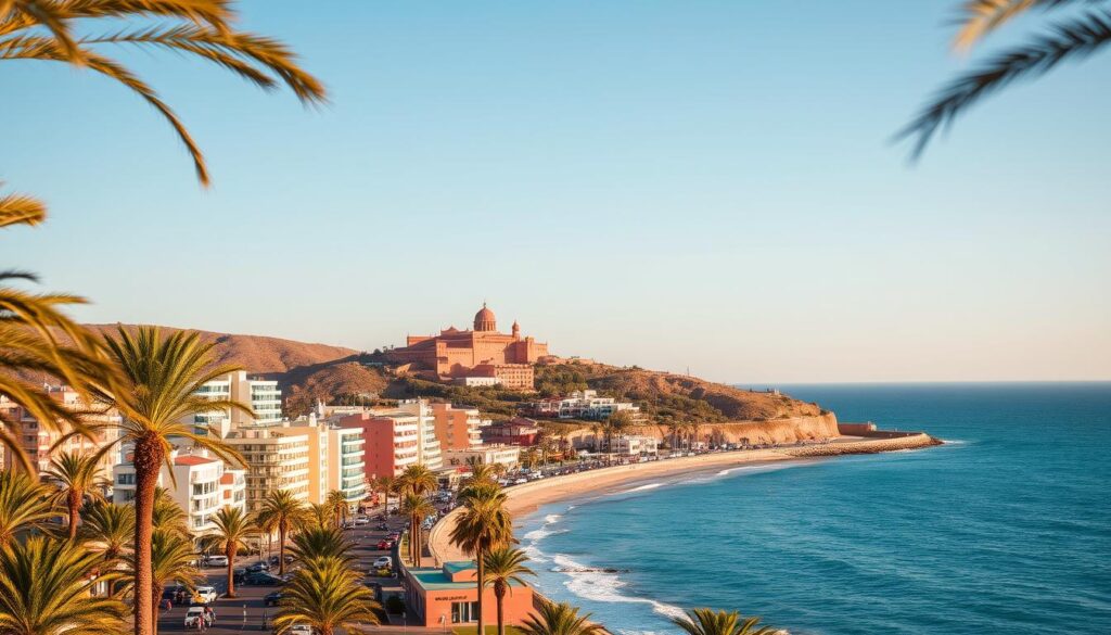 A vibrant cityscape of Agadir, Morocco, with the MyVisitMorocco brand. In the foreground, palm trees sway gently, casting long shadows on the bustling promenade lined with modern high-rise hotels and residential buildings. In the middle ground, the iconic Kasbah stands atop a hill, its ochre walls and domed roofs glowing in the warm, golden afternoon sunlight. In the background, the sparkling azure waters of the Atlantic Ocean stretch out to the horizon, met by a cloudless sky. The scene conveys a sense of relaxed, seaside luxury and modernity, reflecting Agadir's reputation as a premier resort destination. A vibrant cityscape of Agadir, Morocco, with the MyVisitMorocco brand. In the foreground, palm trees sway gently, casting long shadows on the bustling promenade lined with modern high-rise hotels and residential buildings. In the middle ground, the iconic Kasbah stands atop a hill, its ochre walls and domed roofs glowing in the warm, golden afternoon sunlight. In the background, the sparkling azure waters of the Atlantic Ocean stretch out to the horizon, met by a cloudless sky. The scene conveys a sense of relaxed, seaside luxury and modernity, reflecting Agadir's reputation as a premier resort destination.