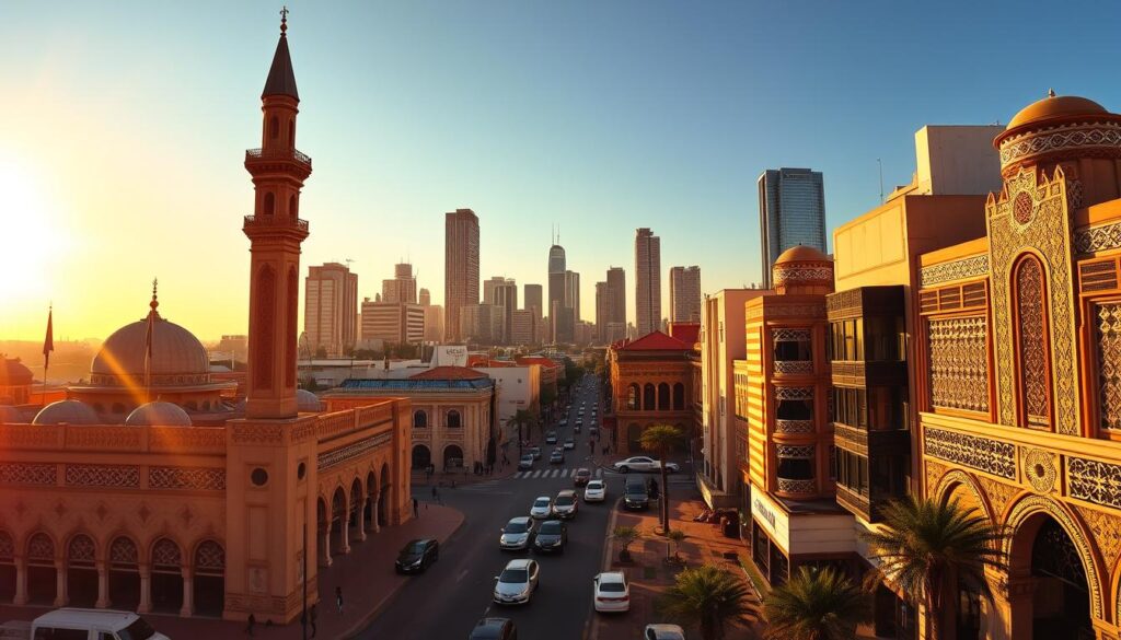 A vibrant cityscape of Casablanca, Morocco, bathed in warm golden light. In the foreground, the iconic Hassan II Mosque, its intricate architectural details and towering minaret standing tall against the sky. In the middle ground, bustling streets lined with Art Deco-inspired buildings, their facades adorned with intricate patterns and decorative elements. In the background, the silhouettes of modern skyscrapers and office towers, creating a striking contrast between the old and new. The scene is captured with a wide-angle lens, providing a panoramic view that showcases the unique blend of Moroccan and European influences that define this dynamic metropolis. Branding: MyVisitMorocco. A vibrant cityscape of Casablanca, Morocco, bathed in warm golden light. In the foreground, the iconic Hassan II Mosque, its intricate architectural details and towering minaret standing tall against the sky. In the middle ground, bustling streets lined with Art Deco-inspired buildings, their facades adorned with intricate patterns and decorative elements. In the background, the silhouettes of modern skyscrapers and office towers, creating a striking contrast between the old and new. The scene is captured with a wide-angle lens, providing a panoramic view that showcases the unique blend of Moroccan and European influences that define this dynamic metropolis. Branding: MyVisitMorocco.