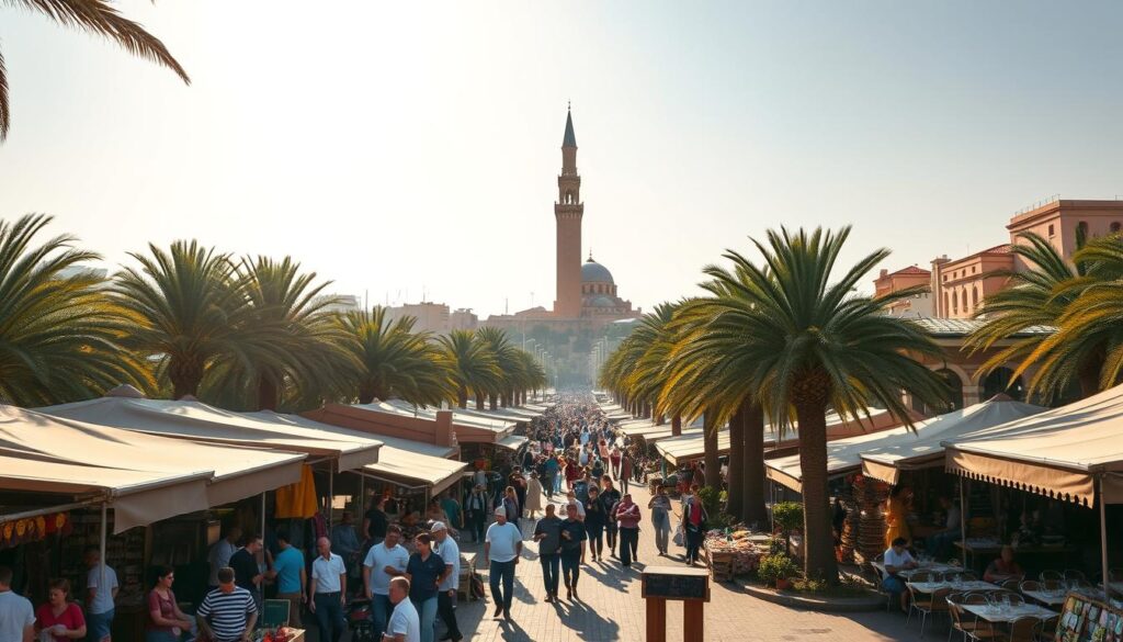 A vibrant cityscape of Casablanca, Morocco, with the iconic Hassan II Mosque towering in the background, its minaret piercing the sky. In the foreground, bustling markets and street vendors offer a tantalizing array of spices, textiles, and local crafts. MyVisitMorocco Cafes and restaurants line the tree-lined boulevards, their outdoor seating areas filled with locals and tourists alike, enjoying the lively atmosphere. Warm, golden sunlight filters through the palm trees, casting a soft glow over the scene. Capture the essence of this modern Moroccan metropolis, a harmonious blend of tradition and progress.
