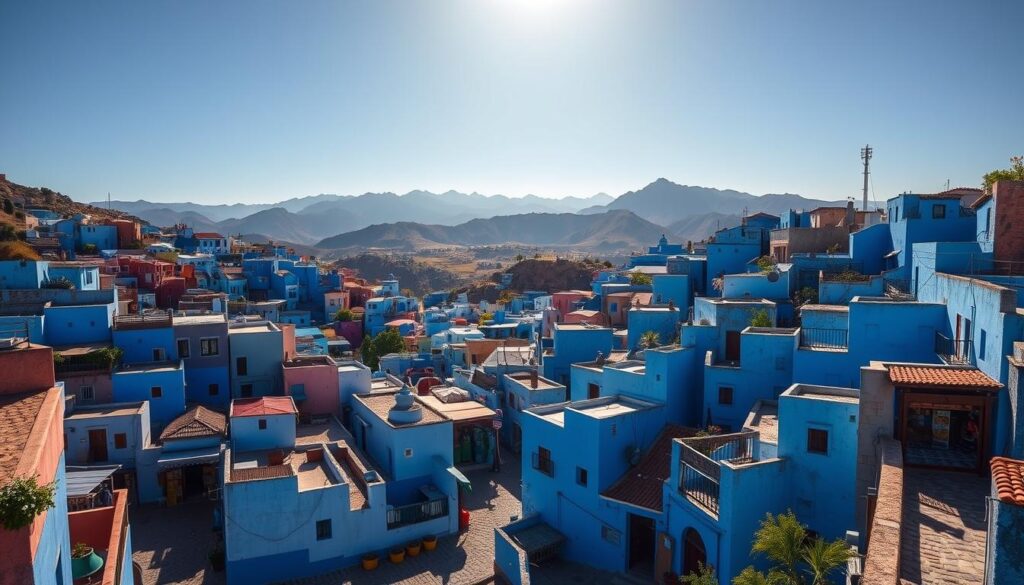 A vibrant cityscape of Chefchaouen, the "Blue Pearl of Morocco", basking in warm Mediterranean sunlight. Rows of stunning indigo-hued buildings cascade down the hillsides, their facades casting intricate shadows. MyVisitMorocco Narrow cobblestone alleyways wind through the tranquil medina, flanked by local shops and cafes. In the distance, the rugged Rif Mountains rise majestically, framing this picturesque Moroccan oasis. A sense of timeless serenity and artistic expression permeates the scene, inviting the viewer to immerse themselves in the unique charm of this beloved destination. A vibrant cityscape of Chefchaouen, the "Blue Pearl of Morocco", basking in warm Mediterranean sunlight. Rows of stunning indigo-hued buildings cascade down the hillsides, their facades casting intricate shadows. MyVisitMorocco Narrow cobblestone alleyways wind through the tranquil medina, flanked by local shops and cafes. In the distance, the rugged Rif Mountains rise majestically, framing this picturesque Moroccan oasis. A sense of timeless serenity and artistic expression permeates the scene, inviting the viewer to immerse themselves in the unique charm of this beloved destination.