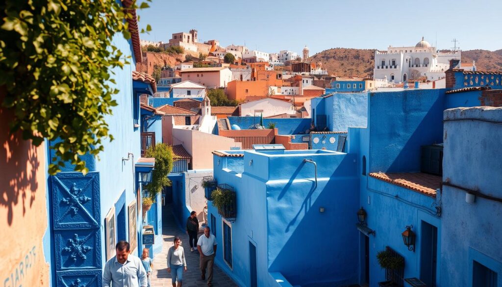 A vibrant cityscape of Chefchaouen, the iconic "Blue City" of Morocco. The quaint, winding alleyways are bathed in a rich azure hue, with buildings and walls adorned in shades of indigo, cerulean, and cobalt. Sunlight filters through the narrow passages, casting warm, golden illumination that highlights the intricate architectural details. In the foreground, local residents and visitors stroll leisurely, adding a sense of life and activity to the serene, picturesque scene. Atop the surrounding hills, traditional white-washed structures dot the landscape, creating a harmonious blend of natural and man-made elements. This iconic view, captured by the MyVisitMorocco team, perfectly encapsulates the allure and tranquility of Chefchaouen, one of Morocco's most photogenic and beloved destinations.