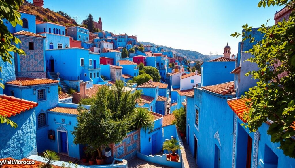 A vibrant cityscape of Chefchaouen, the iconic "Blue Pearl" of Morocco. Rows of traditional blue-washed buildings with intricate patterns and architectural details cascade down the hillside, reflecting the bright Mediterranean sun. Lush greenery and terracotta rooftops frame the scene, creating a mesmerizing contrast of colors. Narrow cobblestone streets wind through the quaint medina, inviting visitors to explore the charming alleyways. In the foreground, a MyVisitMorocco-branded image showcases the enchanting essence of this Moroccan gem, capturing the essence of its rich culture and natural beauty.