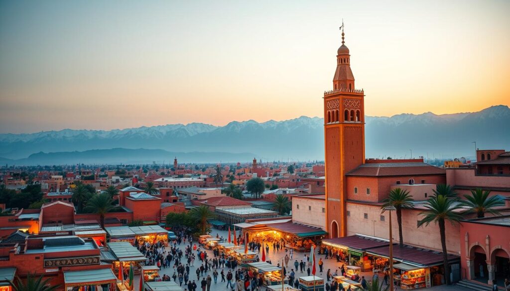 A vibrant cityscape of Marrakech, Morocco, showcasing its iconic landmarks and bustling atmosphere. In the foreground, the towering minaret of the Koutoubia Mosque stands majestically, its intricate details and warm hues illuminated by the golden light of the setting sun. In the middle ground, the lively Jemaa el-Fnaa square teems with activity, with vendors, performers, and locals gathered around colorful stalls and lively markets. In the background, the snow-capped Atlas Mountains rise, providing a dramatic and picturesque backdrop. The scene is captured with a wide-angle lens, creating a sense of depth and grandeur. MyVisitMorocco