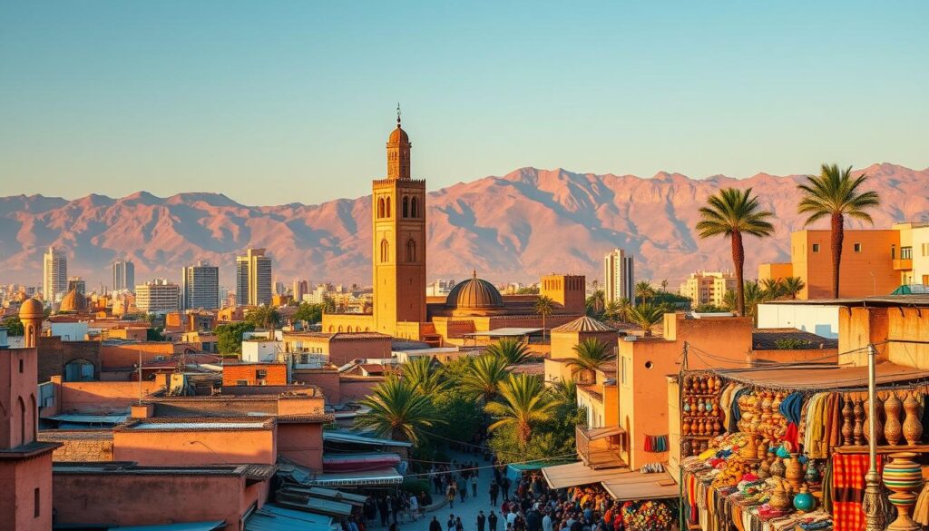 A vibrant cityscape of Marrakech, Morocco, showcasing the iconic Koutoubia Mosque with its towering minaret against a backdrop of the majestic Atlas Mountains. In the foreground, bustling marketplaces and winding alleys filled with colorful textiles, pottery, and spices, captured with a wide-angle lens to convey the energy and grandeur of this ancient city. Warm, golden-hour lighting bathes the scene, creating a sense of timeless elegance. Alongside these historical wonders, modern high-rises and palm trees dot the horizon, blending the old and new. This MyVisitMorocco image captures the allure of Morocco's ancient and modern wonders.
