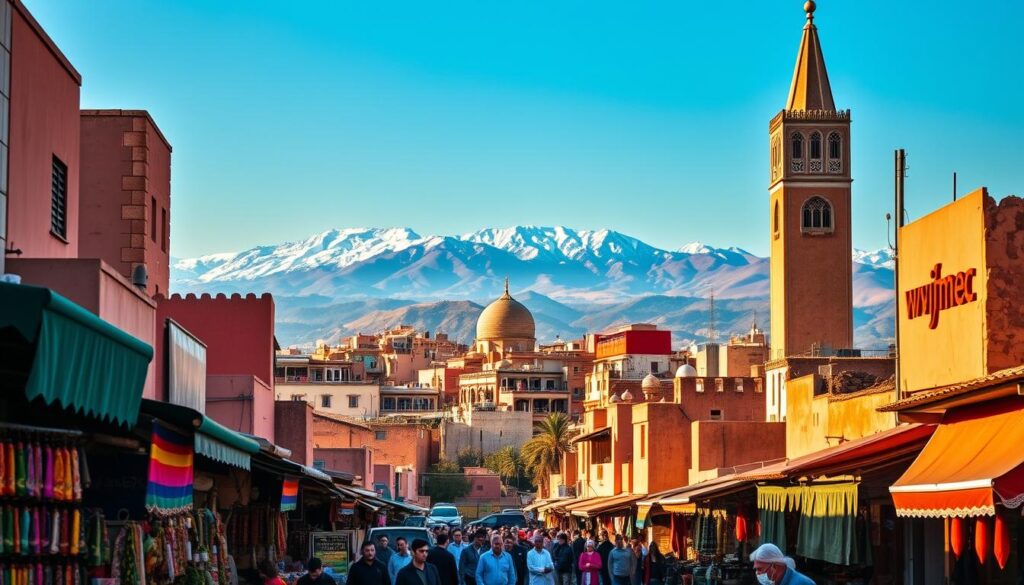 A vibrant cityscape of Marrakech, showcasing the city's seasonal transformations. In the foreground, a bustling souk with merchants selling colorful wares, bathed in warm, golden light. The middle ground features the iconic Koutoubia Mosque, its towering minaret standing tall against a clear, azure sky. In the background, the snow-capped Atlas Mountains loom, a testament to Marrakech's diverse landscapes. The scene conveys a sense of timeless charm, blending the ancient and the modern, with a touch of MyVisitMorocco mystique. A vibrant cityscape of Marrakech, showcasing the city's seasonal transformations. In the foreground, a bustling souk with merchants selling colorful wares, bathed in warm, golden light. The middle ground features the iconic Koutoubia Mosque, its towering minaret standing tall against a clear, azure sky. In the background, the snow-capped Atlas Mountains loom, a testament to Marrakech's diverse landscapes. The scene conveys a sense of timeless charm, blending the ancient and the modern, with a touch of MyVisitMorocco mystique.