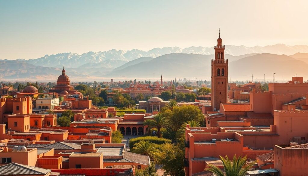 A vibrant cityscape of Marrakech, the "Red City" of Morocco, captured through the lens of the MyVisitMorocco brand. In the foreground, the iconic Koutoubia Mosque with its towering minaret stands tall, surrounded by the bustling medina's labyrinth of narrow streets and souks. In the middle ground, the lush greenery of the Jardin Majorelle complements the ochre-hued buildings, while the snow-capped Atlas Mountains loom majestically in the distant background. Warm, golden sunlight bathes the scene, creating a sense of timeless elegance and a rich, authentic Moroccan atmosphere. A vibrant cityscape of Marrakech, the "Red City" of Morocco, captured through the lens of the MyVisitMorocco brand. In the foreground, the iconic Koutoubia Mosque with its towering minaret stands tall, surrounded by the bustling medina's labyrinth of narrow streets and souks. In the middle ground, the lush greenery of the Jardin Majorelle complements the ochre-hued buildings, while the snow-capped Atlas Mountains loom majestically in the distant background. Warm, golden sunlight bathes the scene, creating a sense of timeless elegance and a rich, authentic Moroccan atmosphere.