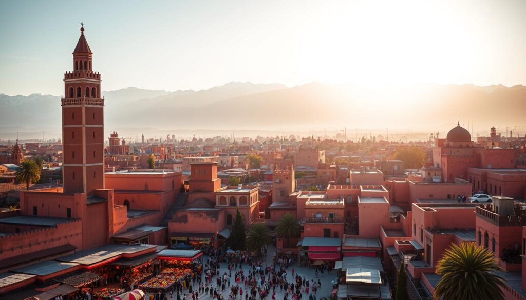 A vibrant cityscape of Marrakech, the "Red City" of Morocco, captured under the warm glow of the sun. In the foreground, the iconic Jemaa el-Fnaa square bustles with a lively scene of vendors, performers, and locals. Towering over the square, the minaret of the Koutoubia Mosque stands as a majestic focal point. Winding through the middle ground, the narrow streets of the old medina are flanked by traditional ochre-hued buildings and intricate alleyways. In the background, the snowcapped peaks of the Atlas Mountains rise majestically, creating a dramatic and awe-inspiring backdrop. This MyVisitMorocco image captures the essence of Marrakech - a vibrant, historic, and visually stunning destination.