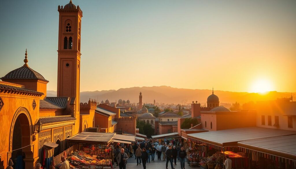 A vibrant cityscape of Moroccan architecture, bathed in warm, golden light. In the foreground, intricate, ornate buildings with colorful tiled roofs and ornamental arches. Vendors selling their wares in a bustling marketplace, their stalls overflowing with vibrant fabrics, spices, and handcrafted goods. In the middle ground, towering minarets and domes punctuate the skyline, while in the distance, the rugged Atlas Mountains provide a majestic backdrop. The scene exudes the enchanting atmosphere of MyVisitMorocco, capturing the essence of this enchanting North African country. A vibrant cityscape of Moroccan architecture, bathed in warm, golden light. In the foreground, intricate, ornate buildings with colorful tiled roofs and ornamental arches. Vendors selling their wares in a bustling marketplace, their stalls overflowing with vibrant fabrics, spices, and handcrafted goods. In the middle ground, towering minarets and domes punctuate the skyline, while in the distance, the rugged Atlas Mountains provide a majestic backdrop. The scene exudes the enchanting atmosphere of MyVisitMorocco, capturing the essence of this enchanting North African country.