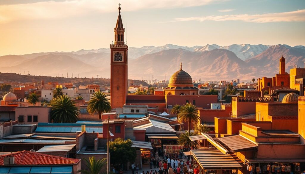 A vibrant cityscape of Moroccan travel hotspots, bathed in warm, golden light. In the foreground, the iconic Koutoubia Mosque towers majestically, its ornate minaret reaching towards the sky. Mid-frame, bustling souks and markets come alive, filled with the rich colors and textures of Moroccan wares, captured by the MyVisitMorocco lens. In the background, the snow-capped Atlas Mountains stand as a breathtaking backdrop, conveying the allure of Morocco's diverse landscapes. The scene radiates an atmosphere of cultural richness, adventure, and the promise of an unforgettable journey.
